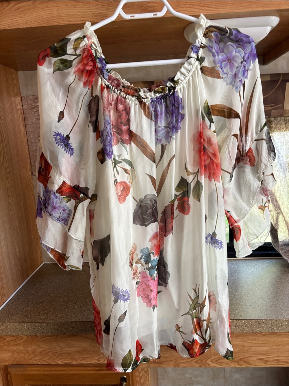 Boho Floral Off-Shoulder Blouse - Cream with Multicolor Floral Print